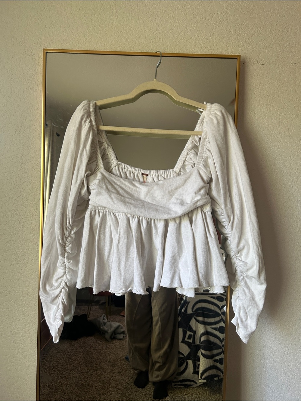Free People White Ruched Long-Sleeve Peplum Blouse